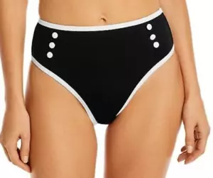 Aqua BLACK/WHITE Button High Waist Bikini Swim Bottom, US Large - Picture 1 of 3