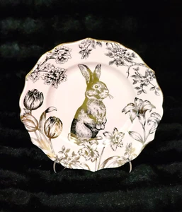 222 Fifth 12pc Pink Gold BUNNY HILL Rabbit Porcelain Salad Plates Easter 8.5" - Picture 1 of 12