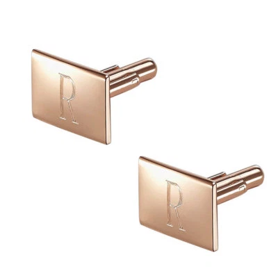 Gemelos de novio con letra inicial grabados personalizados en plata chapada en oro rosa  Foto 1 de 2