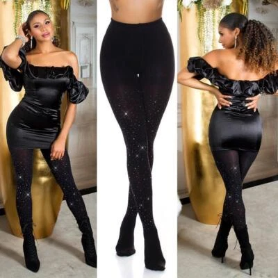 Sexy Damen Party Strumpfhose mit Strasssteinen 80 den Schwarz 34/36/38 #AC1313 - Bild 1 von 4