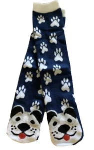 Dog Face Knit Crew Socks Gray Blk Face, Blue White Paw Prints One Size NWT - Picture 1 of 5