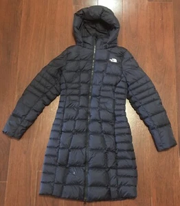 The North Face 550 Womens XS Navy Blue Hooded Goose Down Long Puffer Coat Jacket - Picture 1 of 12