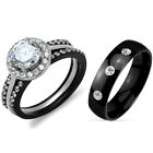 4 Pcs His Hers Couple Black Stainless Steel Wedding Ring Set 3 Czs Mens Band