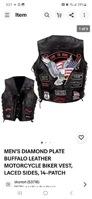 МУЖСКОЙ МОТОЦИКЛЕТНЫЙ ЖИЛЕТ С БРИЛЛИАНТОВОЙ ПЛАСТИНОЙ ИЗ КОЖИ БУЙВОЛА НА ШНУРОВКЕ ПО БОКАМ 7X 7XL - Изображение 1 из 3