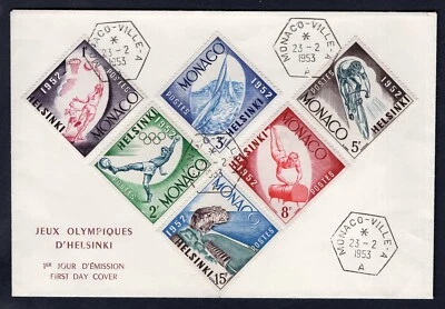 Cubierta FDC MONACO 1953. Juegos Olímpicos de Helsinki Finlandia. Fútbol, baloncesto Foto 1 de 2