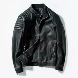 Men Slim fit jacket stand collar Biker Motorcycle Leather Jacket Black Outcoat - Picture 1 of 10