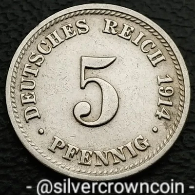 Alemania 🇩🇪 Imperio 5 Pfennig 1914 D. KM#11. Moneda de cinco centavos. Munich Mint.  Primera Guerra Mundial. Foto 1 de 4
