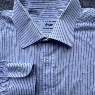 Camisa de Vestir Brioni Para Hombre 17 Azul Rayas Hecha en Italia Neiman Marcus Manga Larga Foto 1 de 4