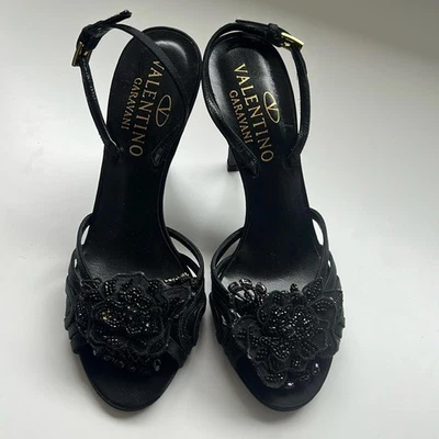 Valentino Garavani Black Floral Sequin Heels - Image 1 of 4