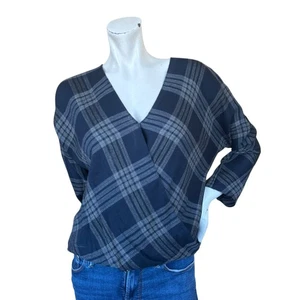 Blusa Vince Azul Marino Marrón A Cuadros Aireada Imitación Envoltura Manga Larga Cuello en V Talla XS - Imagen 1 de 11