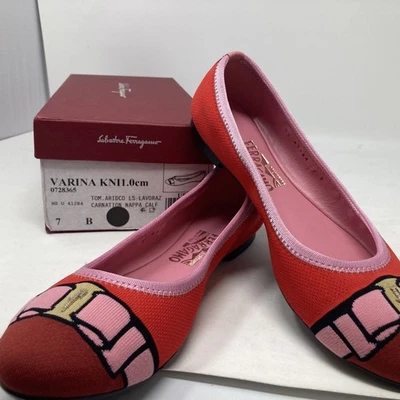 Salvatore Ferragamo Mujer Varina Rojo Napa Cuero Planos Arcos Zapatos Talla 7 Foto 1 de 4
