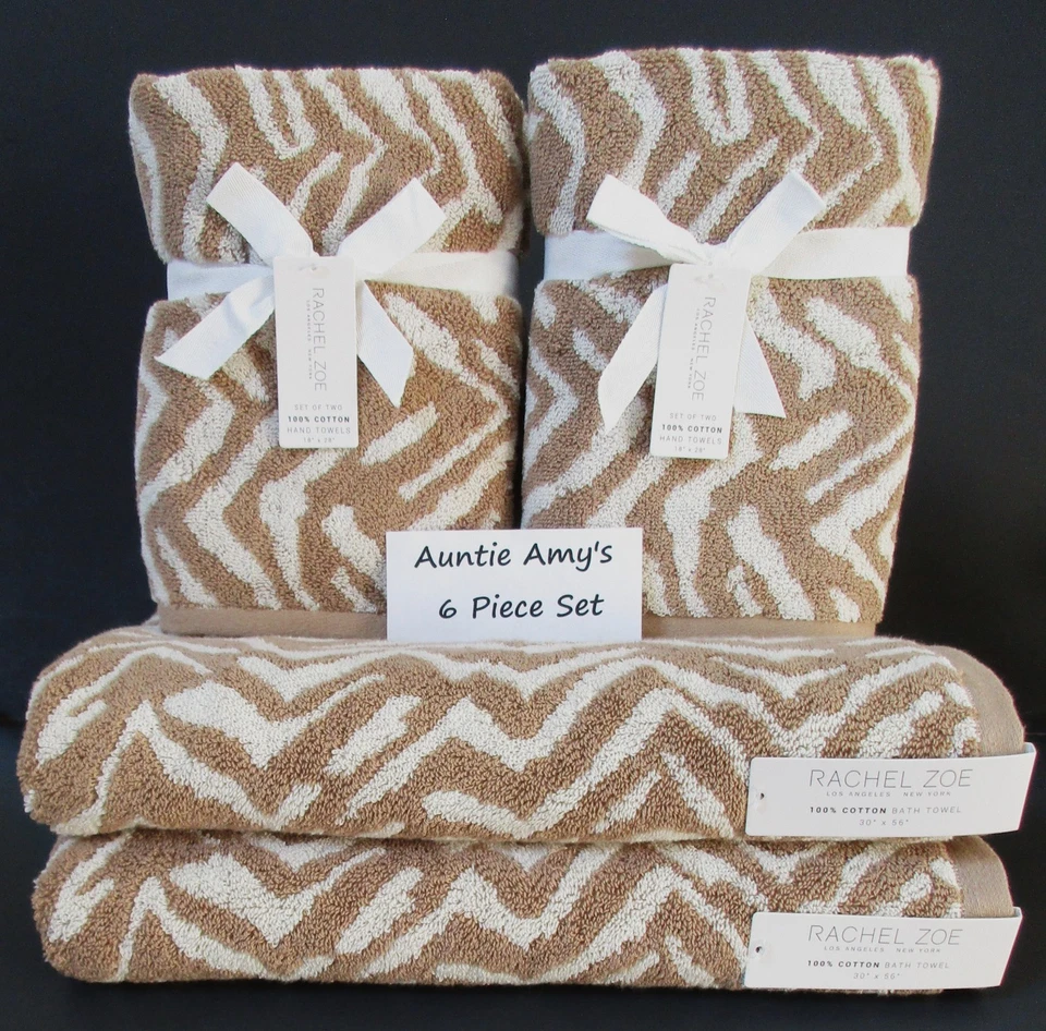 Rachel Zoe 6 шт набор зебра животных печати 2 ванны 4 руки полотенца желтовато-коричневый и белый нейтральный - Изображение 1 из 4