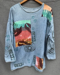 Vintage V.C.Torias Hemd One Size Patchwork Abstrakte Kunst zum Tragen 90er Denim Chambray - Bild 1 von 7