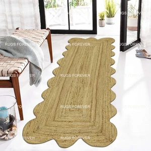 Scalloped Hand Braided Jute Runner Area Rug Beige Living Room Solid Kilim4x6 5x8 - Picture 1 of 7