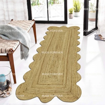 Scalloped Hand Braided Jute Runner Area Rug Beige Living Room Solid Kilim4x6 5x8 - Image 1 of 4