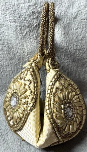 Rare! Folded Handmade India Gold Sequin Beads/Rhinestones/Wristlet/Purse/Bag - Picture 1 of 17