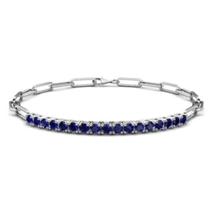 Blue Sapphire Round 4.00mm Tennis Paperclip Adjustable Chain Bracelet - Picture 1 of 4