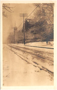 Snowy Street View & Church Steeple in Unknown Location 1919 RPPC Postcard Photo - Picture 1 of 2