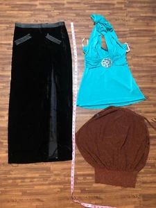 Lot of 3 Women’s Brown and Turquoise Blouses Sizes S and Black Velour Skirt Sz 2 - Picture 1 of 8