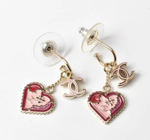 Chanel Earrings CHANEL swing earrings CC mark/heart motif pink/gold - Picture 1 of 9