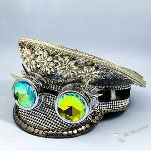Silver Sequin Burning Man Steampunk 3D Goggle Costume Music Festival Party Cap