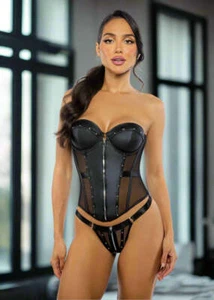 Corsé y tanga lencería balconette de cuero negro y malla 2 piezas - Imagen 1 de 4