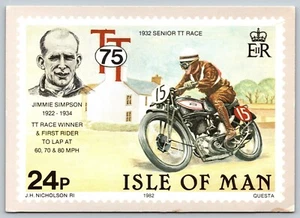 Isle of Man Motorcycle Races 1932 Winner Jimmie Simpson 1982 vtg Postcard A74 - Picture 1 of 2