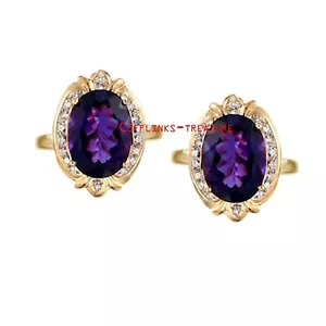 Natürlicher Amethyst & CZ Edelsteine 925 Sterling Silber vergoldet Herren Manschettenknöpfe - Bild 1 von 3
