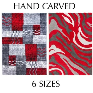 Silver Red Rug & Runner Contemporary Abstract Design Hand Carved Any Room - Picture 1 of 10