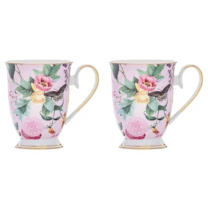 2x Ashdene Pink Romantic Garden Footed 300ml Coffee Tea Mug Cup New Bone China - Picture 1 of 5