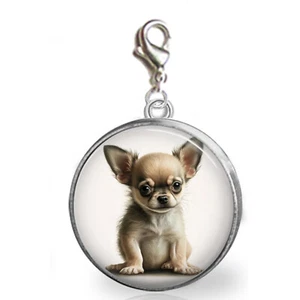 Chihuahua Puppy Dog Glass Top Clip On Charm for Bracelet Purse Photo Jewelry - Picture 1 of 1