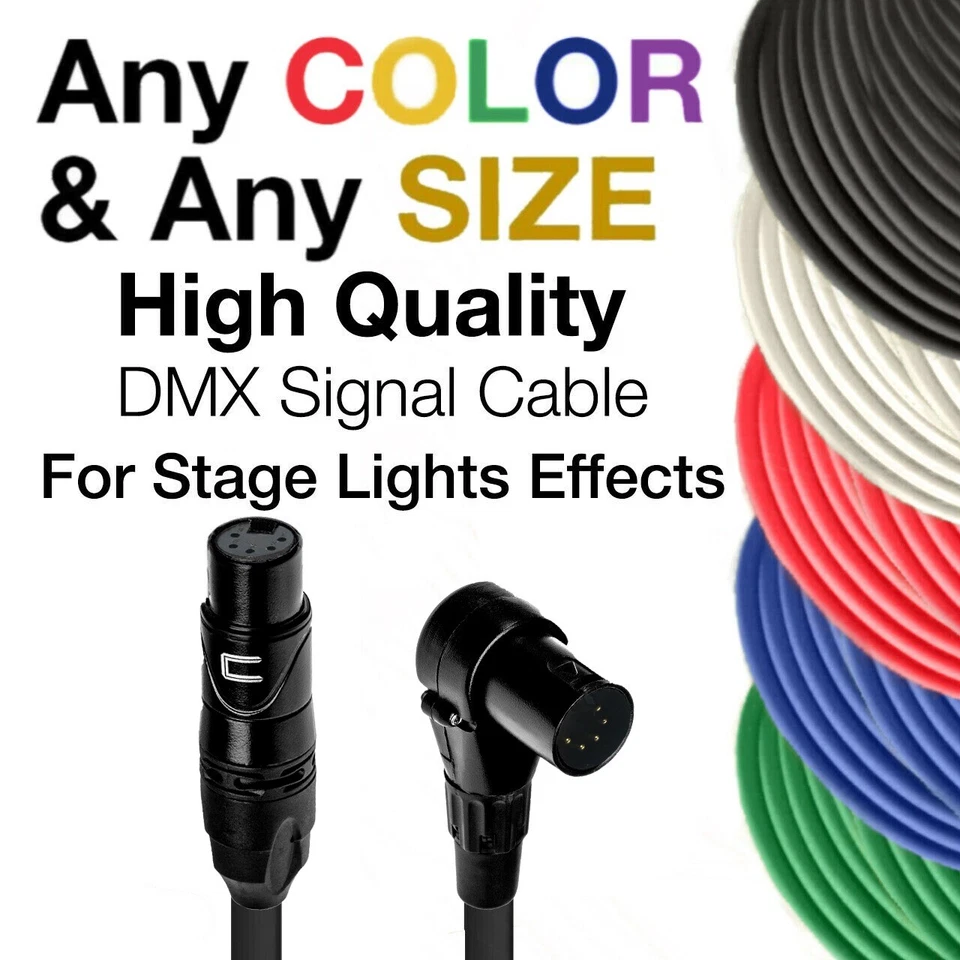 DMX Patch Cable 5-Pin XLR Right Angle Male to Female - 120 ohm DMX512 Data Cord - Image 1 of 4
