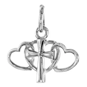 925 Sterling Silver Triangular Cross with Hearts Pendant 1/2 Inch (13mm) Tall - Picture 1 of 1