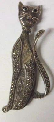 Vintage C.I. 925 Sterling Silver Marcasite Tall Cat Pin Brooch 5.2 gr - Image 1 of 4