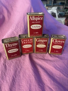 5 Vintage 1950s Schilling Spice Tins 2 oz Cloves, Thyme, Ginger, Allspice - Picture 1 of 4