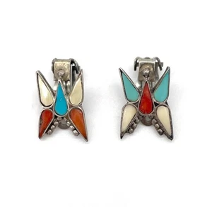 Vintage Zuni Sterlingsilber Multi-Stein Inlay Schmetterling Clip Ohrringe Handarbeit - Bild 1 von 5