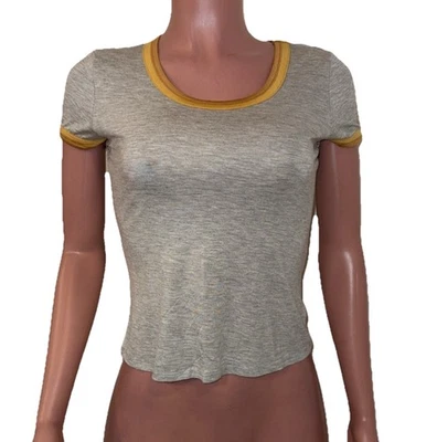 Y2K Deadstock Fornia Grey Ringer Baby Tee T-Shirt Scoop Top Crop Casual Sporty X - Image 1 of 3