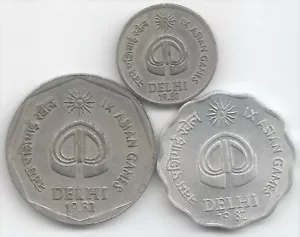 India Rs 2 and Paise 25 & 10, Set of 3 Commemorative coins on IX Asian Games - Picture 1 of 2
