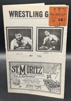 Vintage 1960's Wrestling Guide Program W/ Ticket Stub Bruno Sammartino + WWF WWE - Image 1 of 4