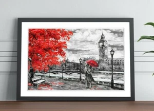 London Big Ben Gris Rojo Paraguas Pared Arte Imagen Enmarcada Póster Impreso 4 Tallas - Imagen 1 de 14