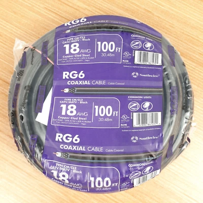 Southwire RG6 Coaxial Cable 18 AWG Dual Shield CATV CM/CL2 Black - Image 1 of 4