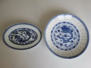 China Porcelain two dish Assiette porcelaine chinoise ovale et rond blanc bleu - Imagen 1 de 11