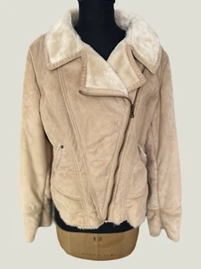 Women's Big Chill Coat Jacket Beige Faux Suede and Fur Size Large Fitted Style - Picture 1 of 11