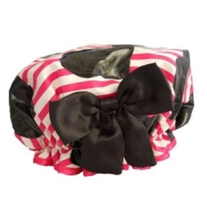 Style Essentials Streifen Blumen Fuchsia Schwarz mit Schleife Wasserdicht Duschhaube - Bild 1 von 3