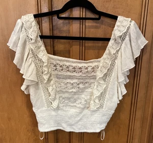 Free People M Bridget Ivory Lace Crop Top Shirt Ruffles Feminine Coquette Whimsy - Picture 1 of 9