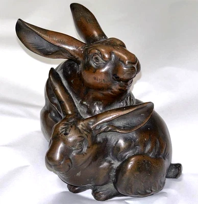 Antigua estatua de bronce de conejo escultura japonesa estatuilla figura de metal 5,5 pulgadas Foto 1 de 4