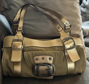 GUESS Vintage Y2K Beige Purse Bag Slouchy Tan Gold Silver Buckle Large - Picture 1 of 5