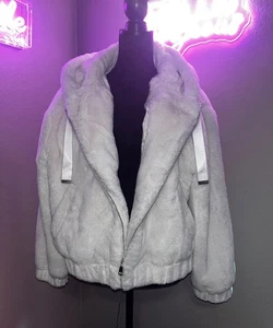 Rachel Zoe ivory faux fur short coat with zipper and hood XL EUC - Picture 1 of 10