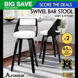 ALFORDSON 2x Swivel Bar Stools 65cm Eden Kitchen Wooden Dining Chair Black White - Picture 1 of 12