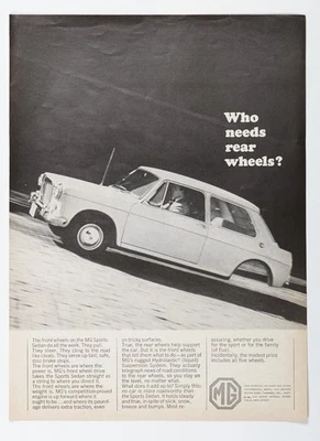 1966 MG Sports Sedan Ad "Who needs rear wheels?" Original mid-century decor. - Image 1 of 4